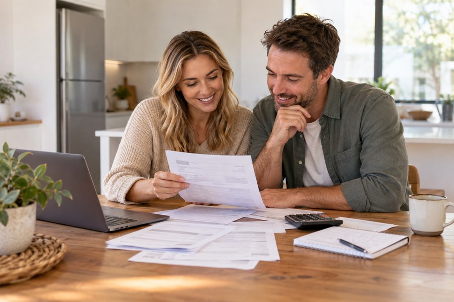 Couple reviewing home loan paperwork at their kitchen table with a mortgage broker