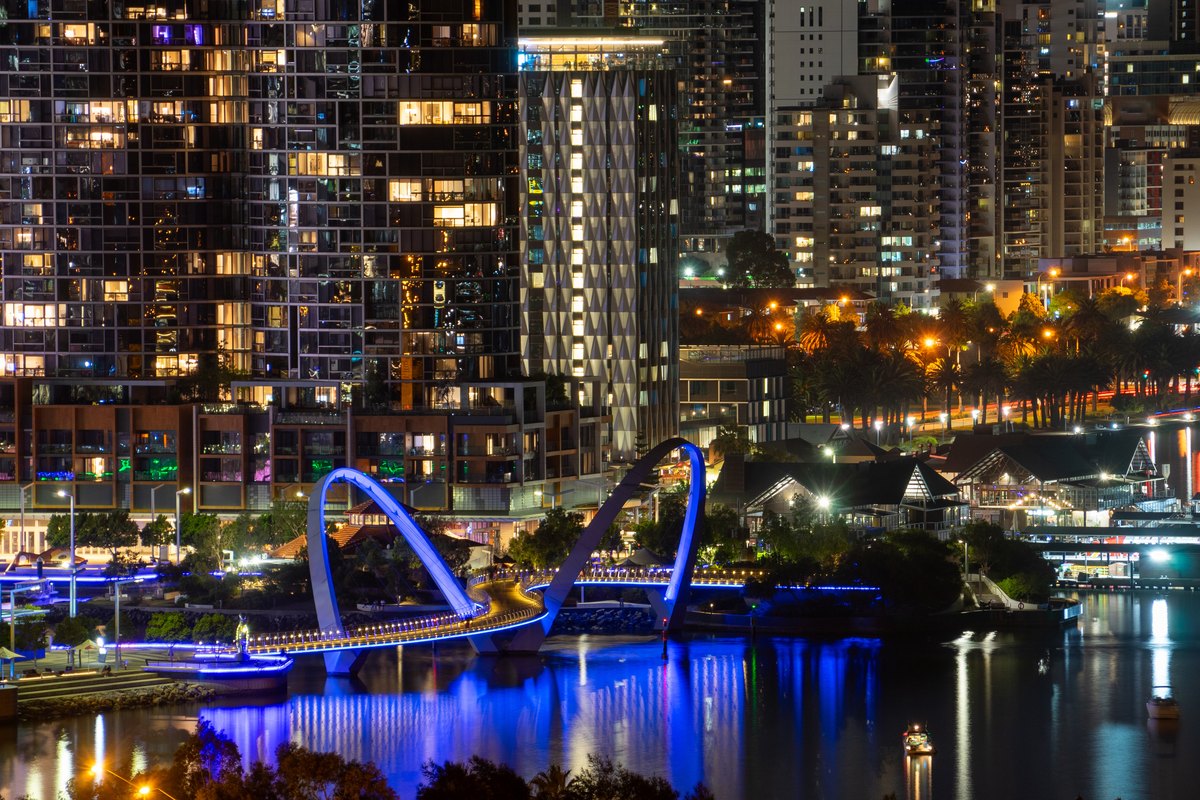 Elizabeth Quay bridge and the Perth city skyline at night, Western Australia