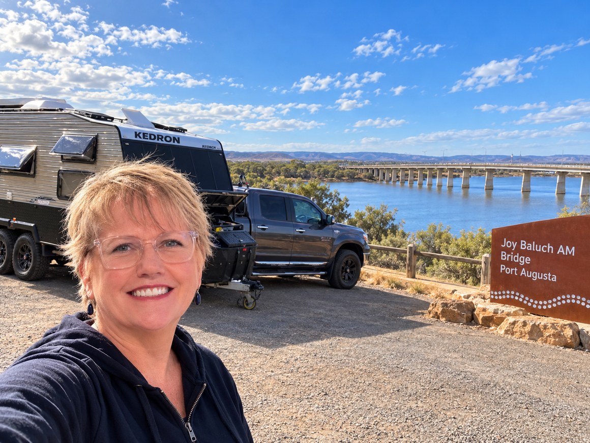 Sharene Dearlove with the THLO caravan at the Joy Baluch AM Bridge, Port Augusta