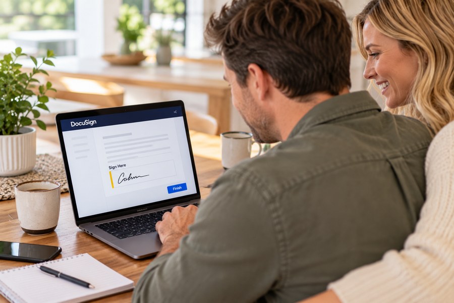 Couple signing their home loan documents electronically at home
